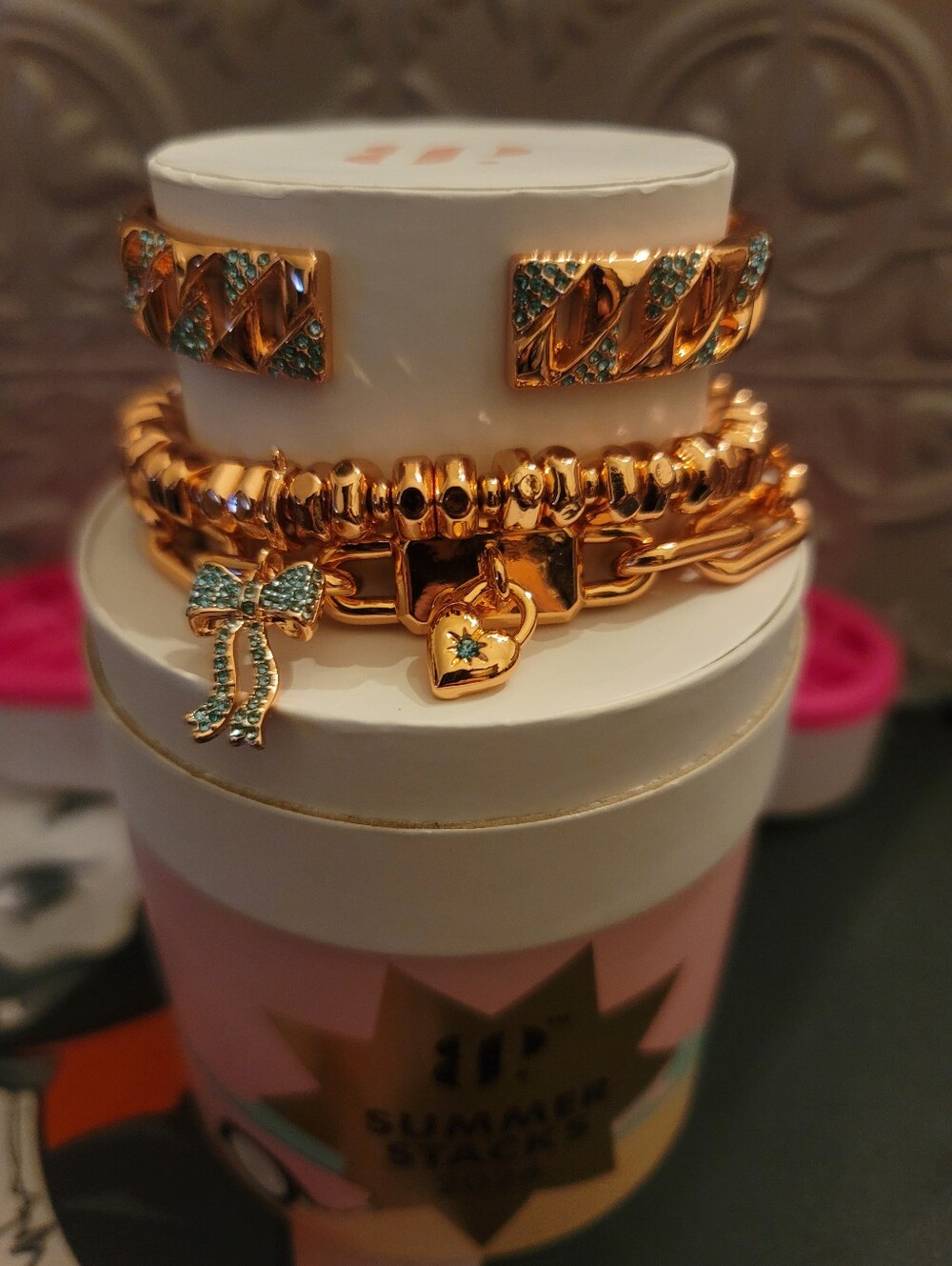 NWT-Bomb Party. Summer Stacks 2026 Rose Gold Bracelet Set w/Blue Crystal Accents